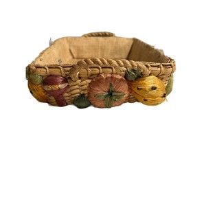 Vtg Handmade Phillipines Woven Straw Burlap Lined Basket Handles Fruits Vegs EUC